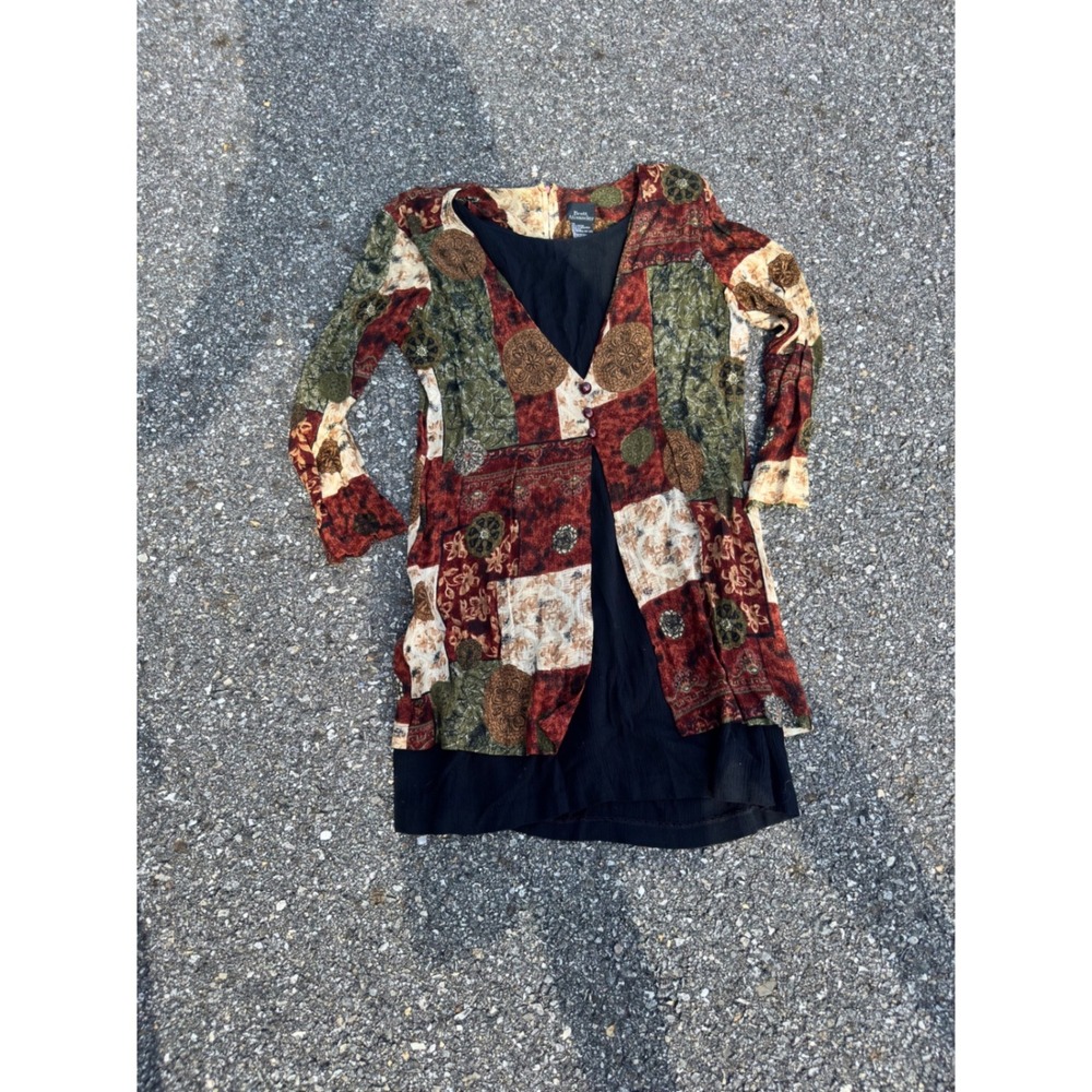 Brett Alexander Patchwork Print Layered Cardigan Dress Earthy Tones Long Sleeve